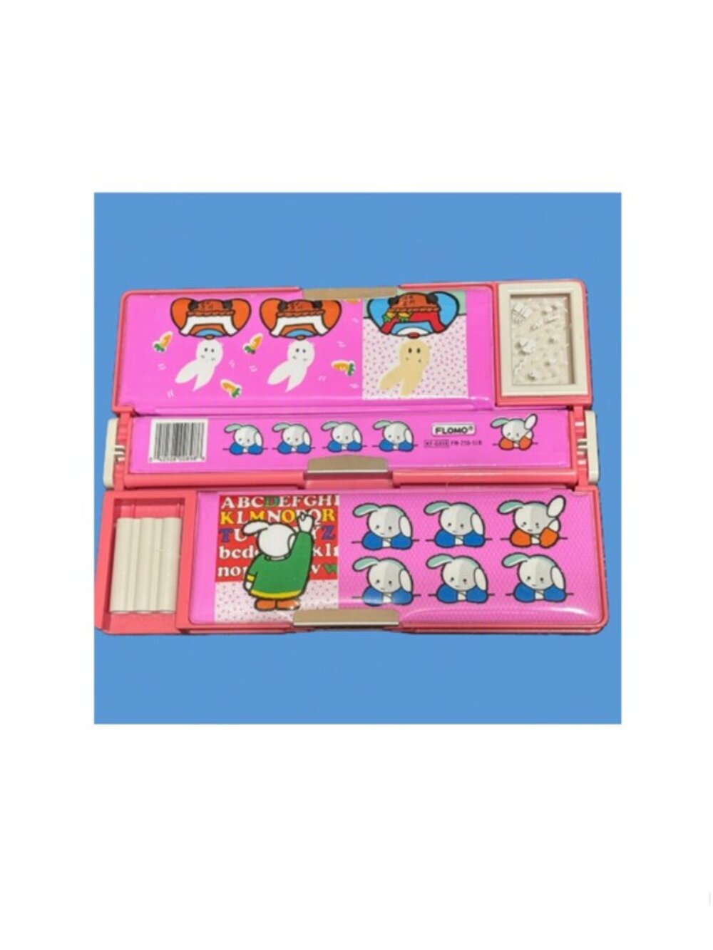 Flomo® Bi-Fold Pencil Case, Double-Sided Multi-Compartment, Pink Bunny, Vintage